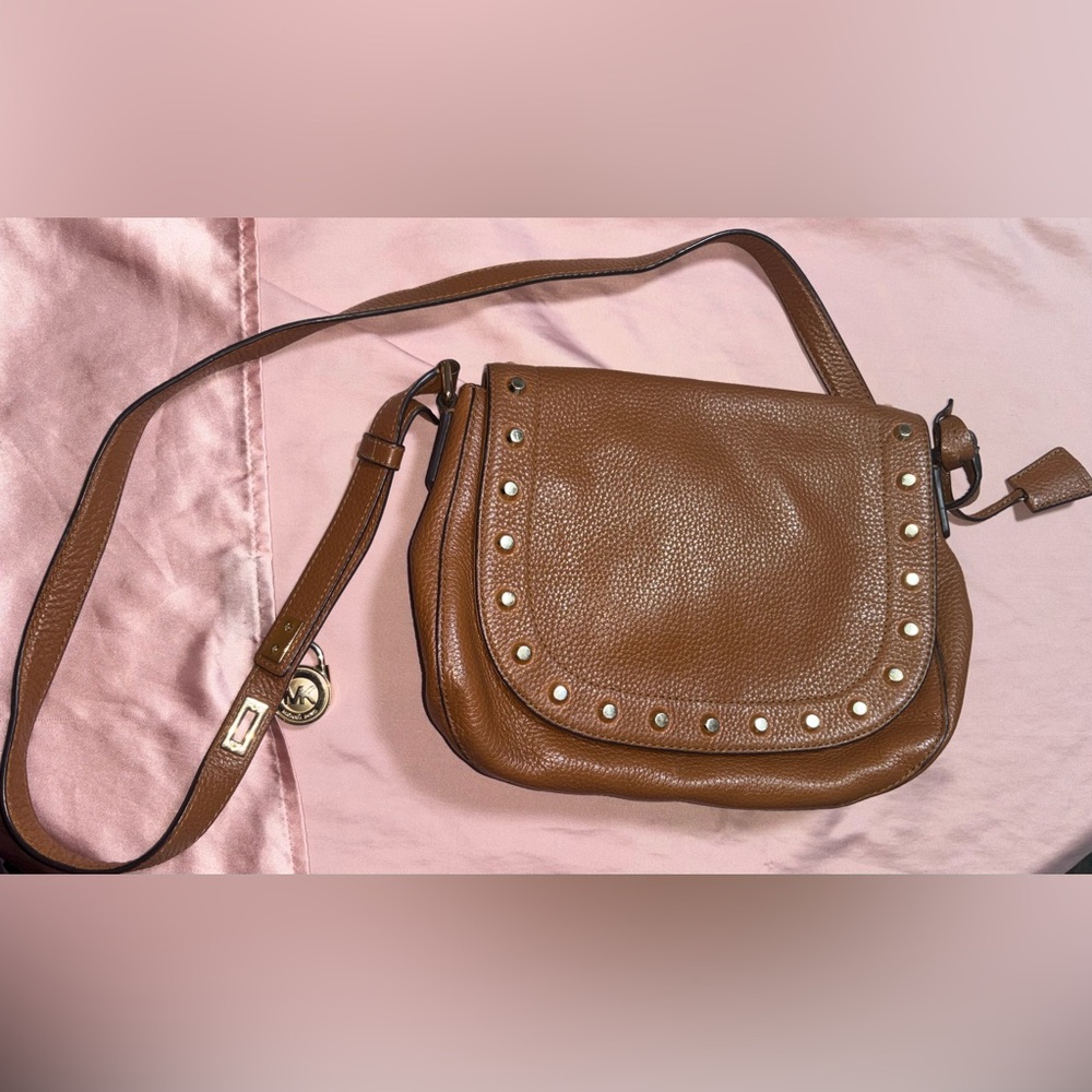 Michael Kors Brown Hamilton Traveler Leather Saddle Bag With Gold Studs
